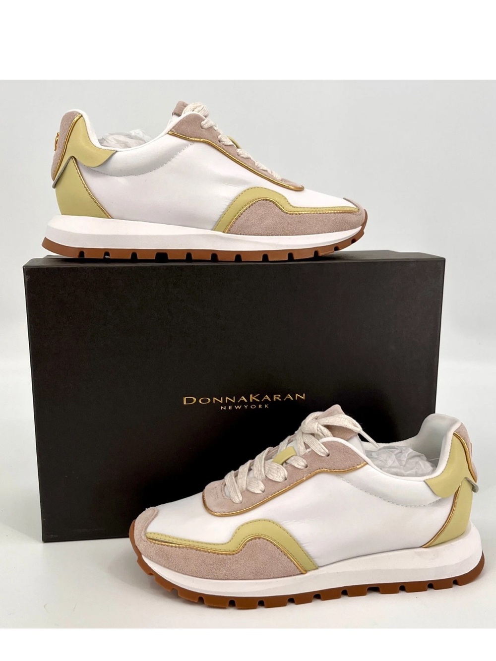 Donna Karan Binx Mixed-Media Lace-Up Sneakers - White/Beige/Gold Accent Retro-10